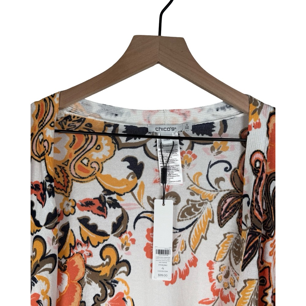 Chicos Scroll Sun Iron Cardigan Nectarine Floral Print Open‎ Front Size 4 NWT - Picture 2 of 5